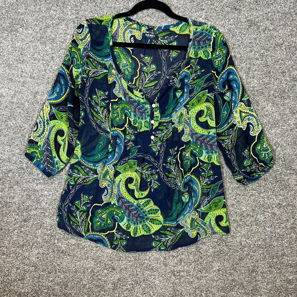 Old Navy Shirt Womens XS Blue Green Floral‎ Paisley Blouse Relaxed Bohemian